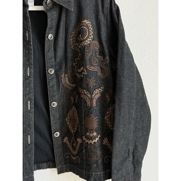 Chico's Black Denim Jacket Embroidered Beaded Boho Western Vintage Size Large - Picture 9 of 11